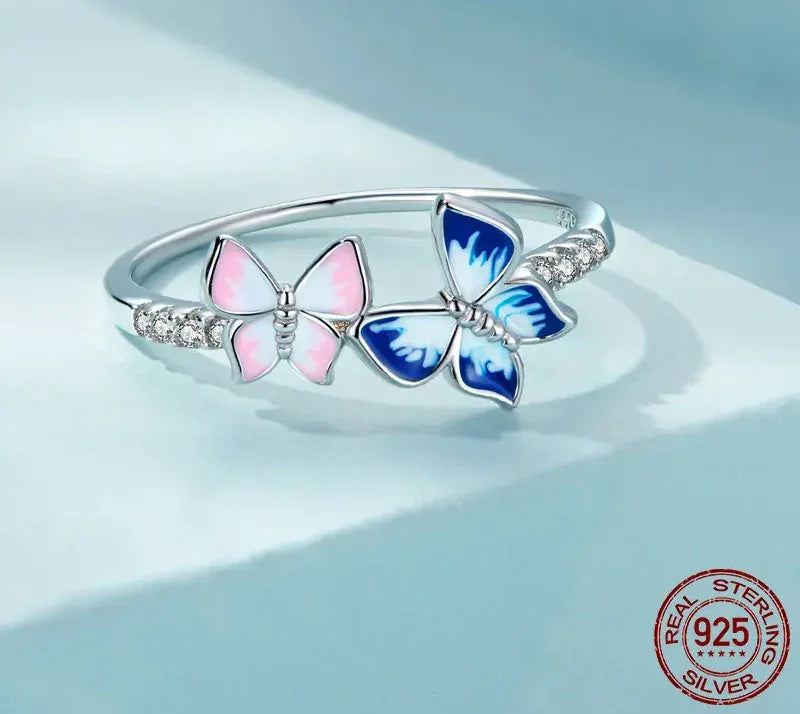 Bague en Argent Sterling 925 Émaillée Papillon Oxyde de Zirconium