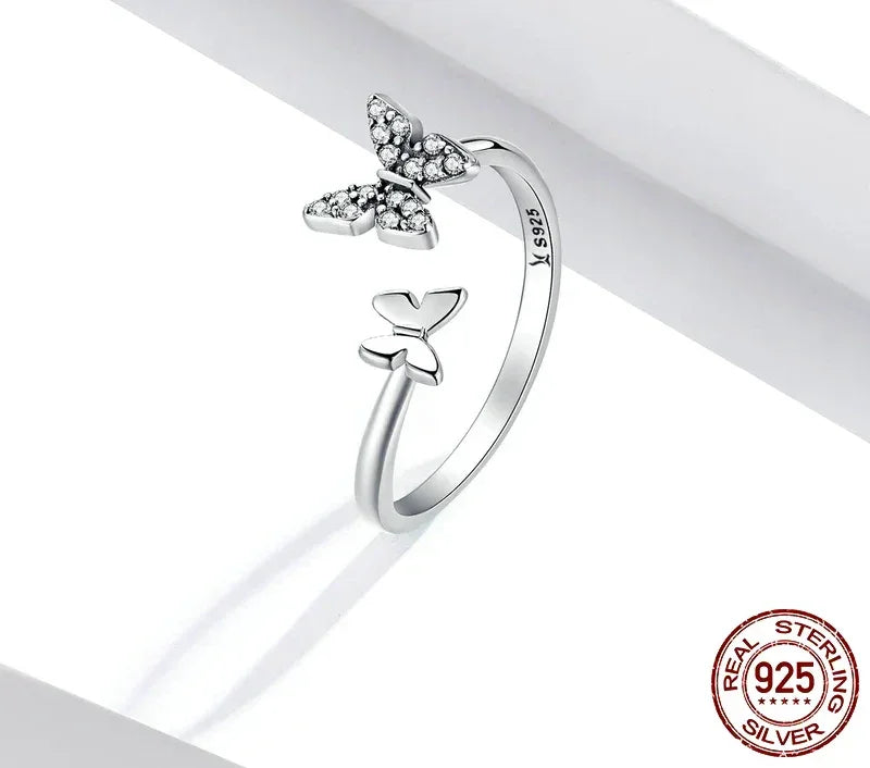 Bague ouverte papillon en argent sterling 925 avec zircons cubiques