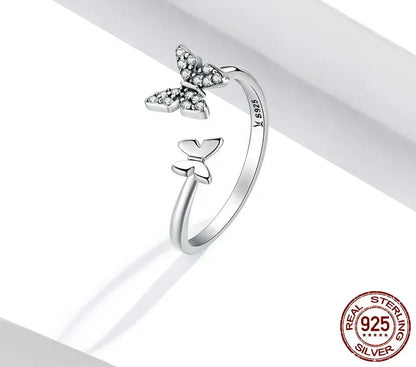 Bague ouverte papillon en argent sterling 925 avec zircons cubiques