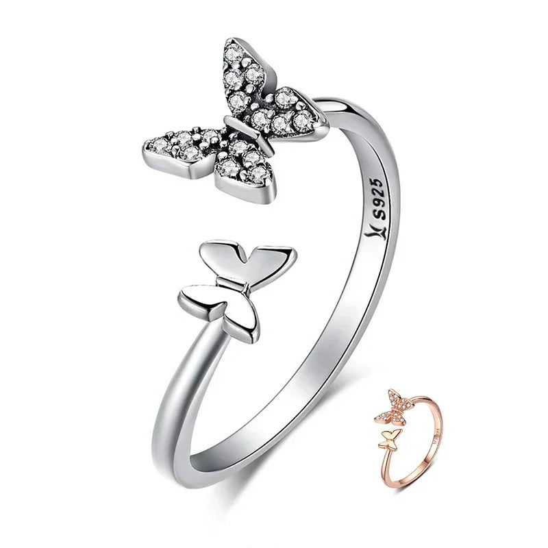 Bague ouverte papillon en argent sterling 925 avec zircons cubiques