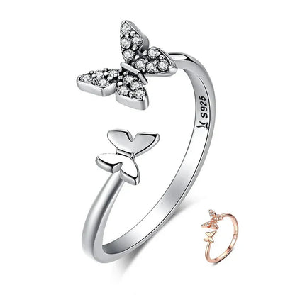 Bague ouverte papillon en argent sterling 925 avec zircons cubiques