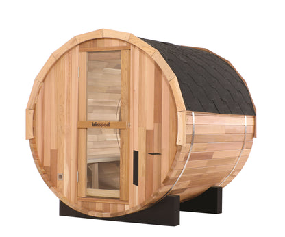 Blisspod | Prague | Sauna tonneau extérieur en cèdre rouge canadien à vapeur | Arrière entièrement vitré | 180cm H x 180cm L x 180cm P | 4-6 personnes