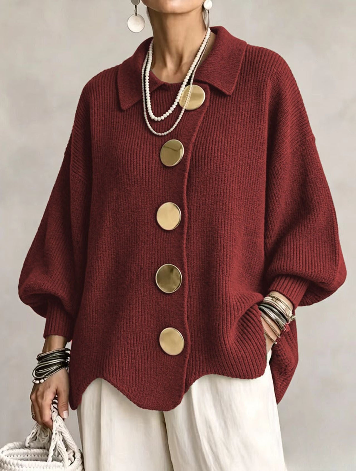 Gilet en maille boutonné pour femme – Pull automne-hiver ample à manches longues et col à revers