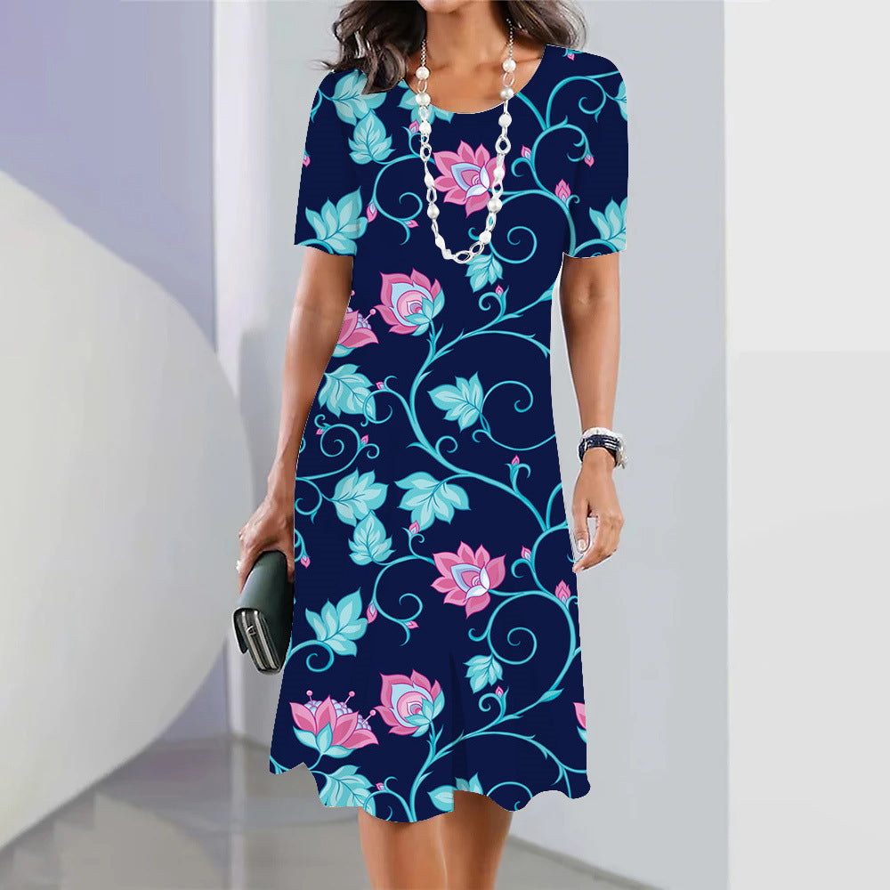 Robe de soirée à imprimé floral 3D pour femme – Robe élégante bleue sans manches à col rond