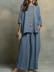 Ensemble deux pièces chemise ample en mélange de lin et pantalon à jambes larges
