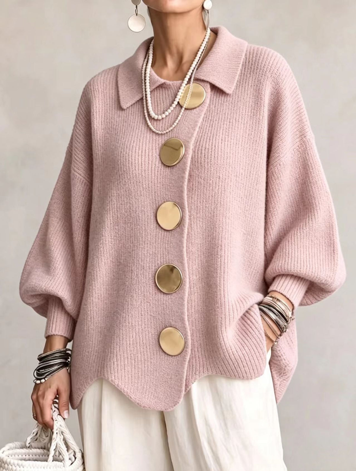 Gilet en maille boutonné pour femme – Pull automne-hiver ample à manches longues et col à revers