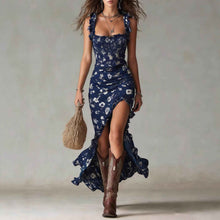 Robe nuisette rétro sans manches pour femme avec ourlet à volants et fente latérale haute