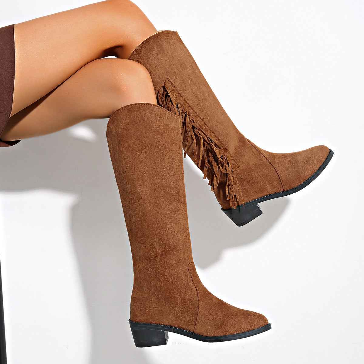 Bottes hautes à pompons pour femme – Bottes mode en daim à bout pointu
