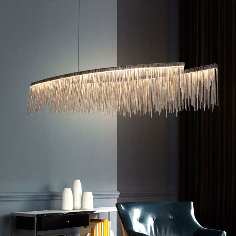 Lustre minimaliste personnalisé – Suspension moderne en aluminium argenté avec design à pampilles pour salle à manger et salon
