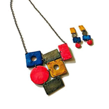 Colorful Statement Jewelry Set, Wide Necklace & Long Geometric Earrings, Pink Blue Yellow Grey