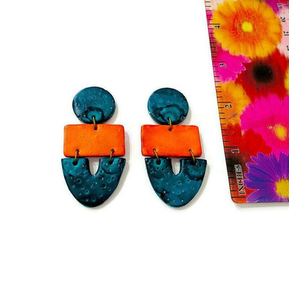 Grandes Boucles d'Oreilles Statement Orange & Bleu Canard, Tiges ou Clips