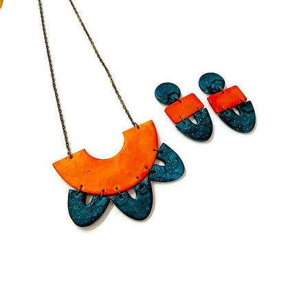 Grandes Boucles d'Oreilles Statement Orange & Bleu Canard, Tiges ou Clips