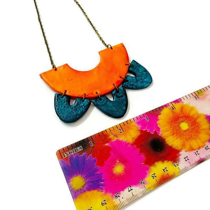 Grandes Boucles d'Oreilles Statement Orange & Bleu Canard, Tiges ou Clips