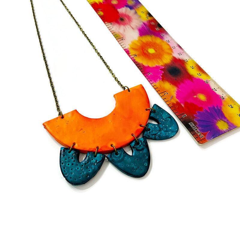 Grandes Boucles d'Oreilles Statement Orange & Bleu Canard, Tiges ou Clips