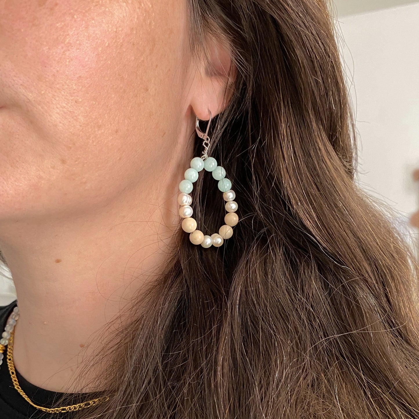 Boucles d’oreilles en amazonite et perles d’eau douce | CALANQUES
