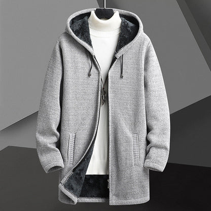 Men’s Fleece-Lined Hooded Cardigan Sweater – Mid-Length Zip-Up Winter Jacket