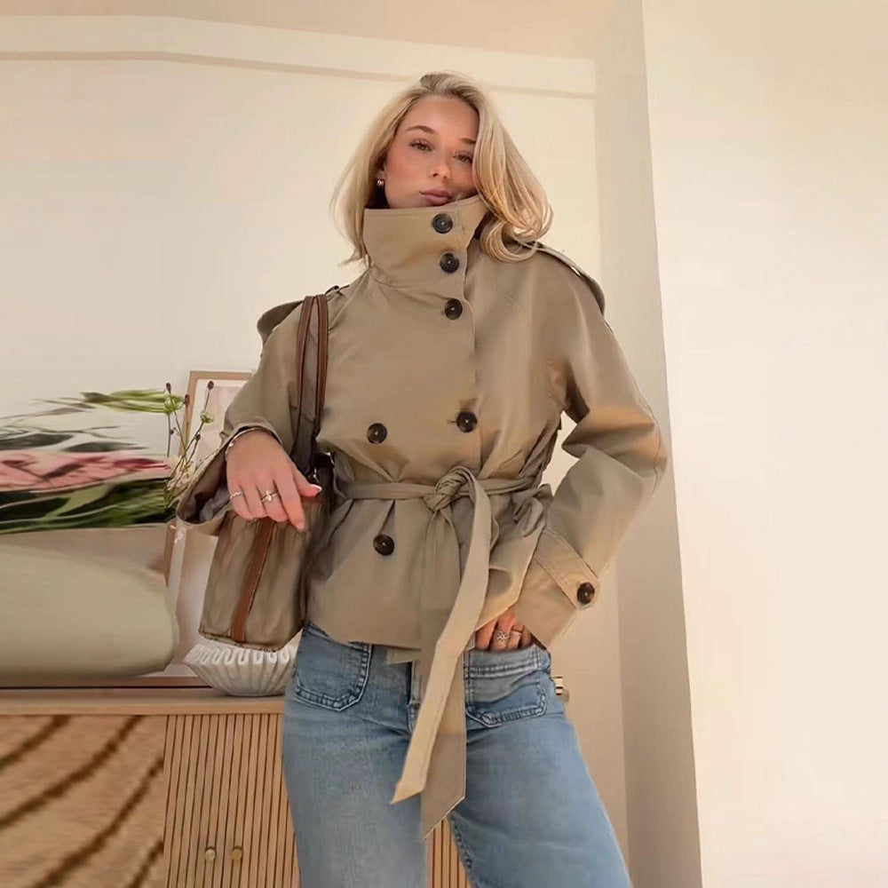 Trench-coat rétro à double boutonnage pour femme – Veste courte à manches longues, col à revers et fermeture à nouer