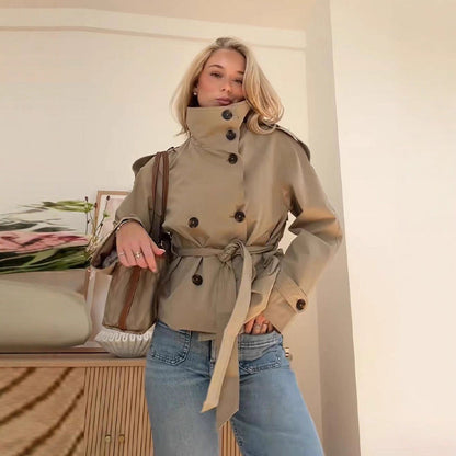 Trench-coat rétro à double boutonnage pour femme – Veste courte à manches longues, col à revers et fermeture à nouer
