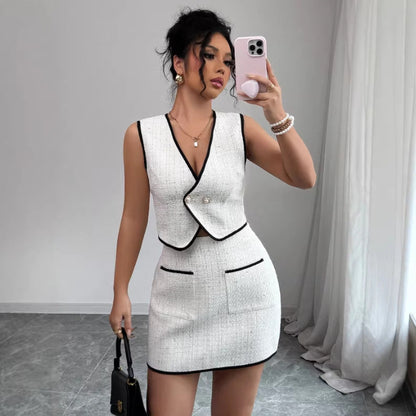 Ensemble haut sans manches irrégulier et jupe trapèze color-block pour femme – Tenue décontractée deux pièces