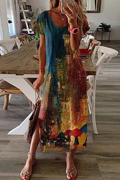 Robe d’été élégante à impression 3D pour femme – Robe mi-longue tendance à fente