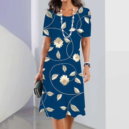 Robe de soirée à imprimé floral 3D pour femme – Robe élégante bleue sans manches à col rond