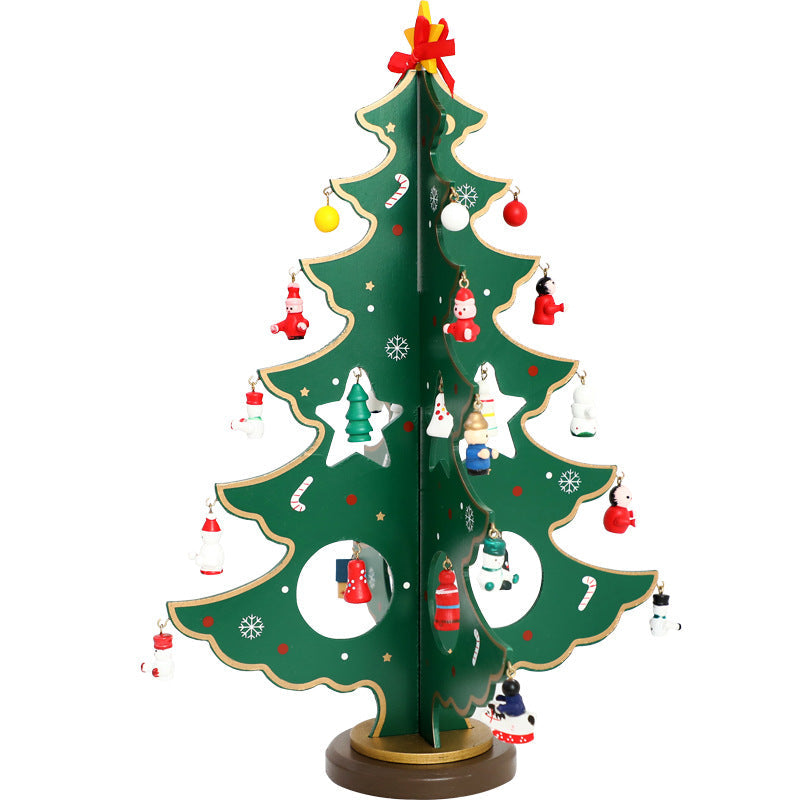 Creative Wooden Christmas Tree Desktop Decoration – 3D Tabletop Holiday Decor, Red & Green