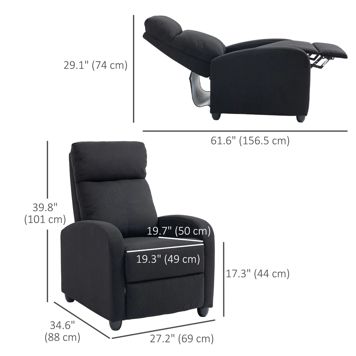 Black Fabric Recliner Chair – Manual Home Theater & Living Room Reclining Sofa (United States & Canada Delivery Only)