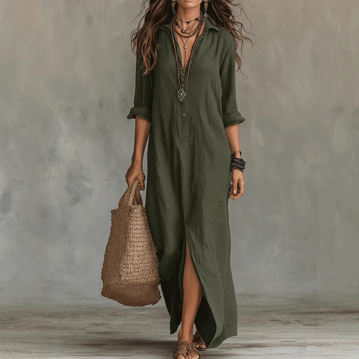 Robe longue à manches longues, décontractée, de couleur unie, col revers, fente latérale, robes de plage, vêtements pour femmes