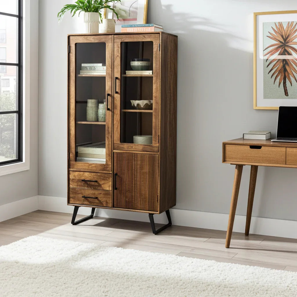 Arezzo mango wood cabinet with glass doors