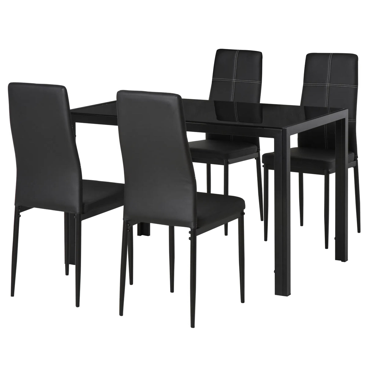 5-Piece Black Glass Dining Table Set – Rectangular Kitchen Table with 4 Faux Leather Chairs (United States & Canada Delivery Only)