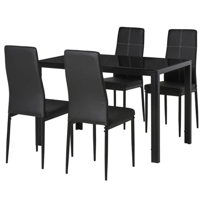 5-Piece Black Glass Dining Table Set – Rectangular Kitchen Table with 4 Faux Leather Chairs (United States & Canada Delivery Only)