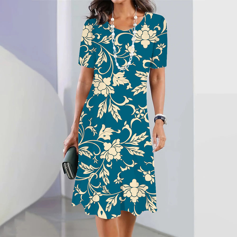 Robe de soirée à imprimé floral 3D pour femme – Robe élégante bleue sans manches à col rond