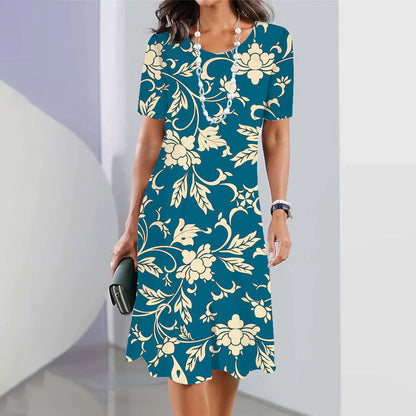 Robe de soirée à imprimé floral 3D pour femme – Robe élégante bleue sans manches à col rond
