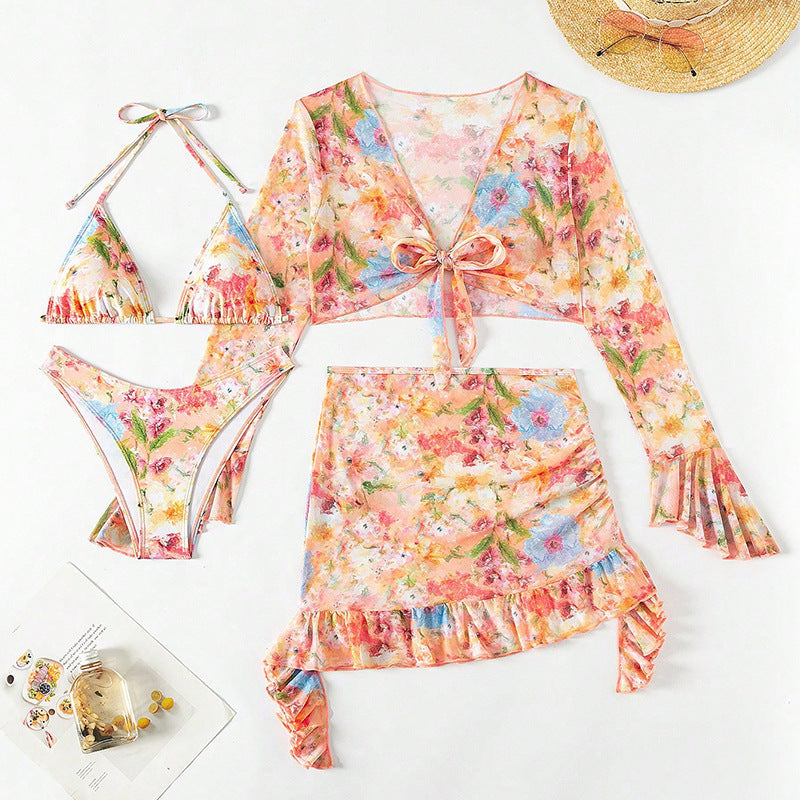 Nouvel ensemble bikini quatre pièces, robe de plage élégante, style européen et américain