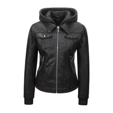 Women’s Faux Leather Biker Jacket with Detachable Hood – Slim-Fit Waist-Cinching Motorcycle Coat