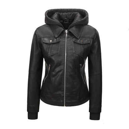 Women’s Faux Leather Biker Jacket with Detachable Hood – Slim-Fit Waist-Cinching Motorcycle Coat