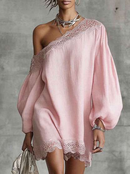 Robe courte à épaules dénudées et manches longues pour femme | Robe à garniture en dentelle