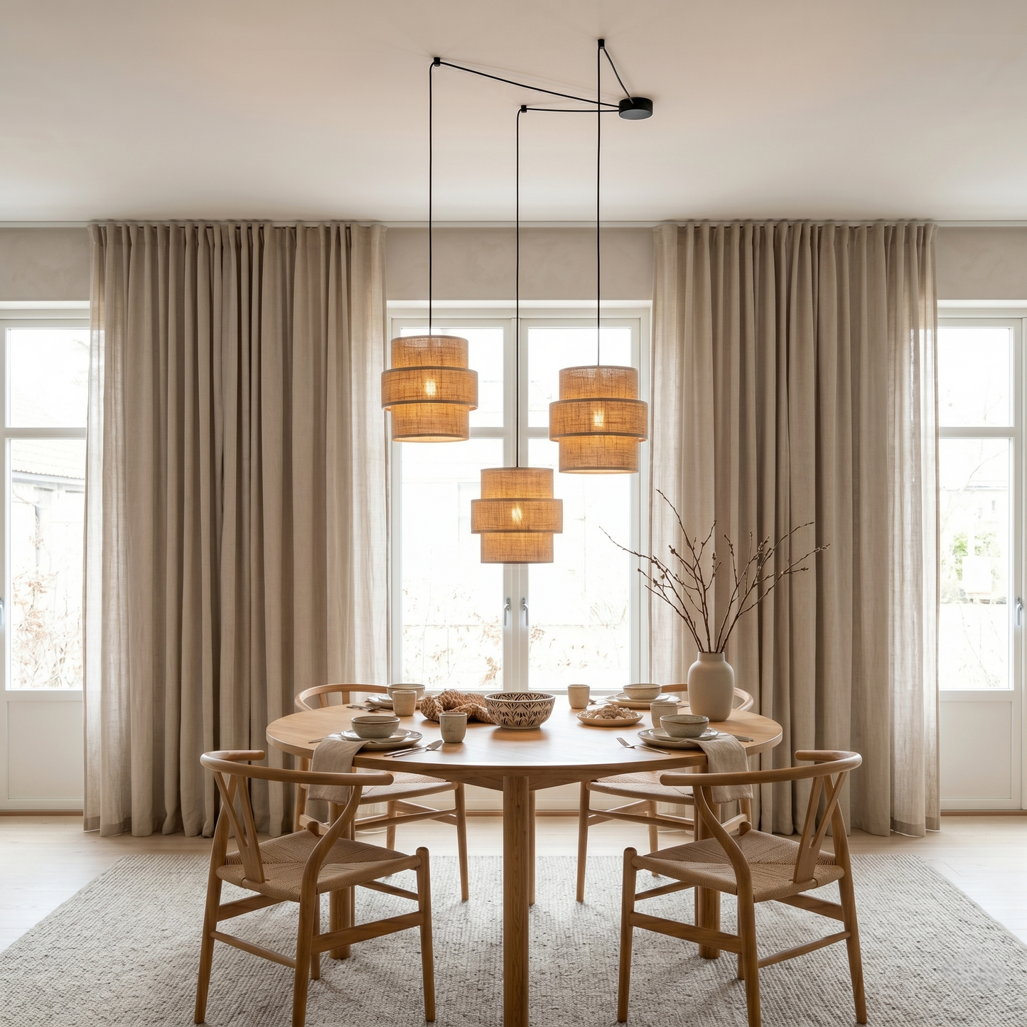 Suspension CALISTO JUTE à 3 lampes pour tables de salle à manger, cages d'escalier et hauts plafonds
