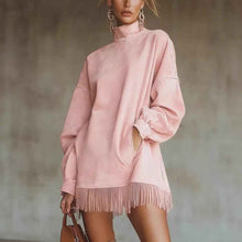 Robe ample en daim à franges pour femme - Robe à manches longues avec poches