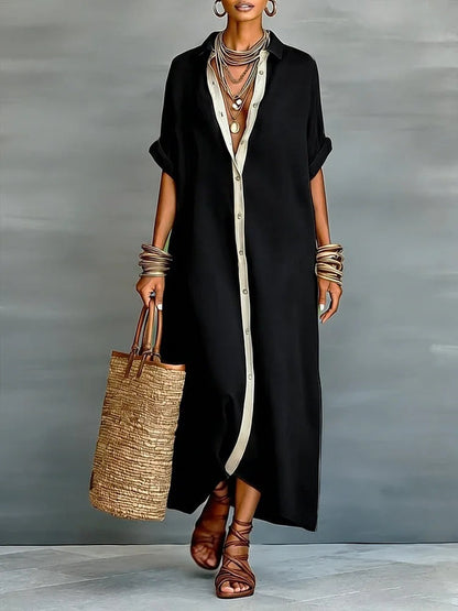 Robe chemisier d'été à manches courtes pour femme – Robe longue à col à revers et boutonnage à l'avant