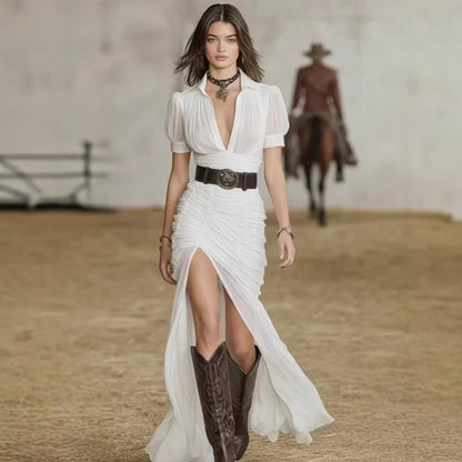 Robe longue sirène à col plissé pour femme | Robe élégante à boutons (ceinture non incluse)