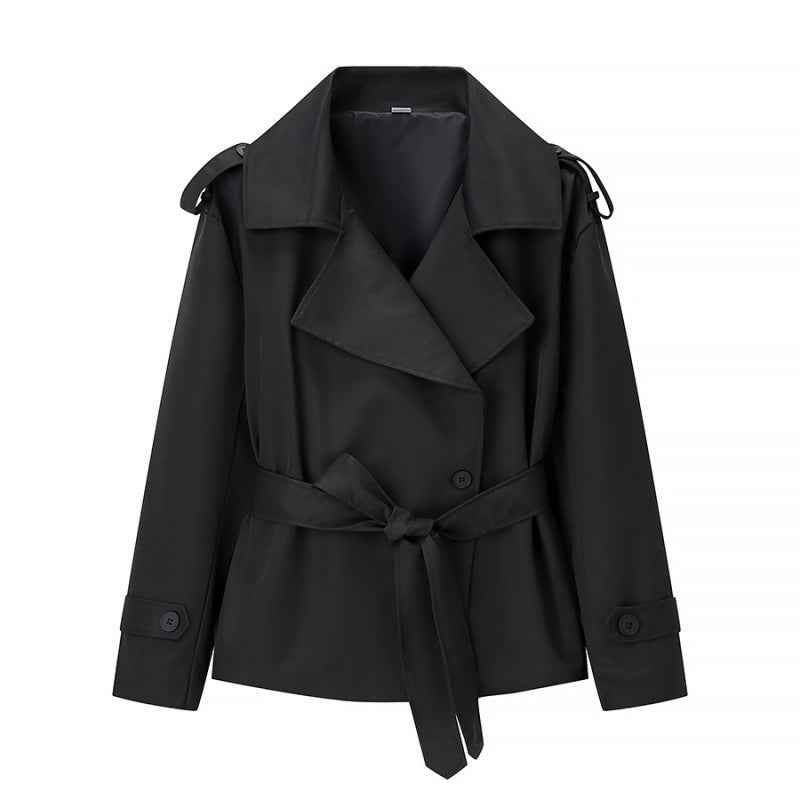 Trench court ceinturé uni pour femme – Veste courte style européen avec nouage à la taille