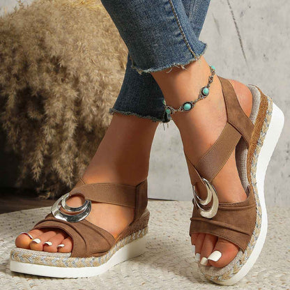 Sandales compensées à bout ouvert avec fond léger en corde de chanvre décorative à boucle métallique pour femmes fortes