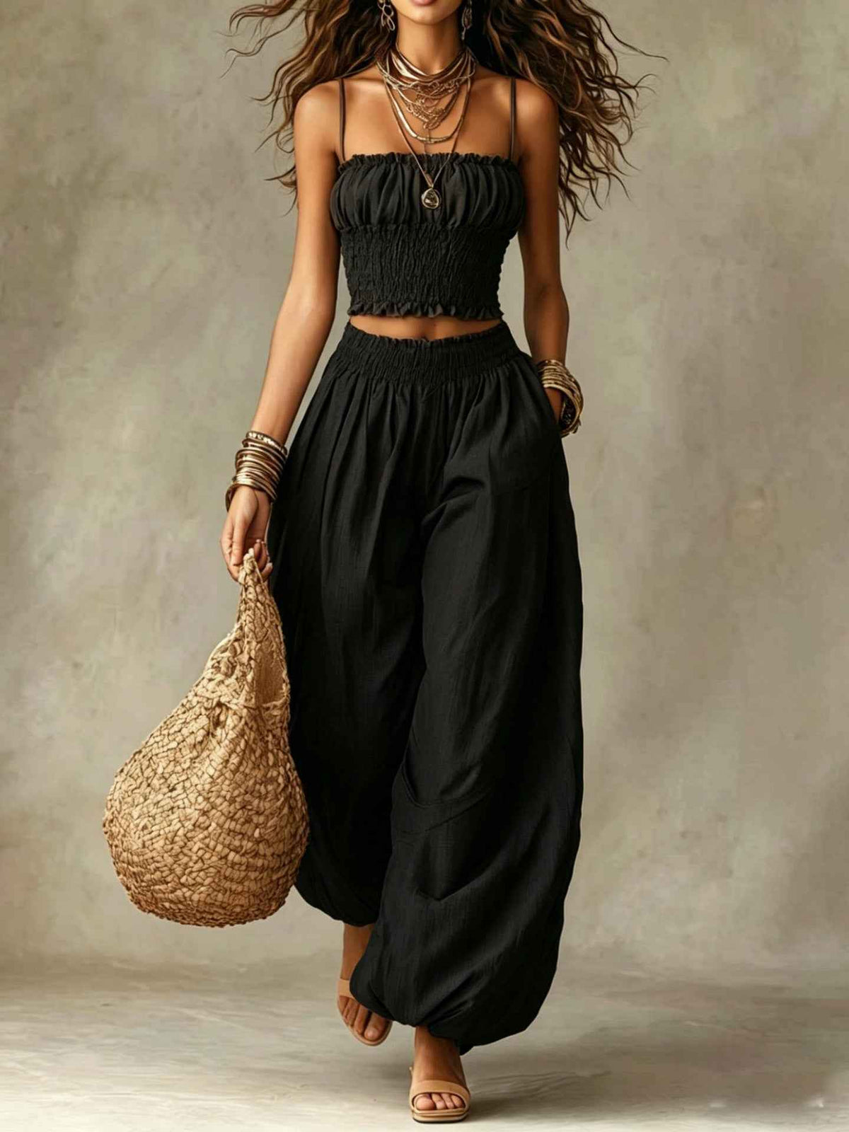 Ensemble deux pièces sans bretelles pour femme – Haut court et pantalon large à jambes ballons