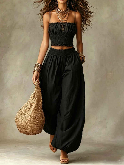 Ensemble deux pièces sans bretelles pour femme – Haut court et pantalon large à jambes ballons