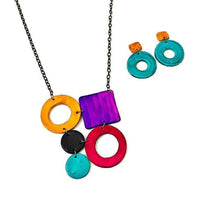 Colorful Geometric Necklace with Turquoise Hoop Earrings, Polymer Clay Jewelry Set Hand Painted