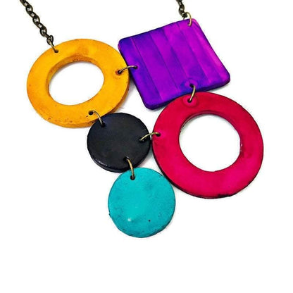 Collier géométrique coloré avec boucles d'oreilles créoles turquoise, ensemble de bijoux en pâte polymère peints à la main