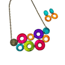 Colorful Linked Circle Jewelry Set, Statement Necklace & Earrings, Handmade Polymer Clay