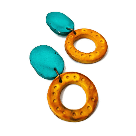 Parure de bijoux cercles entrelacés colorés, collier et boucles d'oreilles tendance, en argile polymère faits main