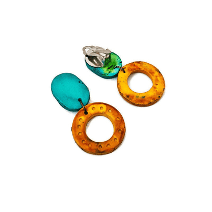 Parure de bijoux cercles entrelacés colorés, collier et boucles d'oreilles tendance, en argile polymère faits main